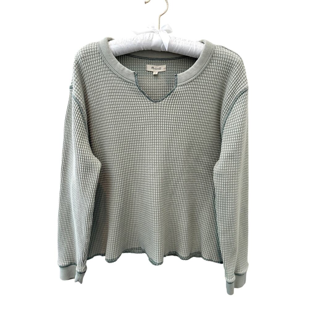 MADEWELL Waffle Knit Pullover Sage Green Split Neck Thermal Top Basic | Large